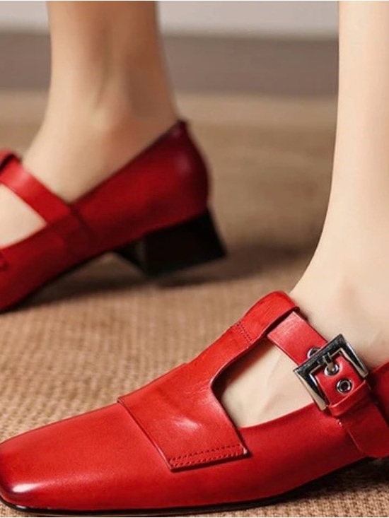 Shoes - Hand Stitched Leather Women’s Red Mary Jane Buckle Low Heel Shoes